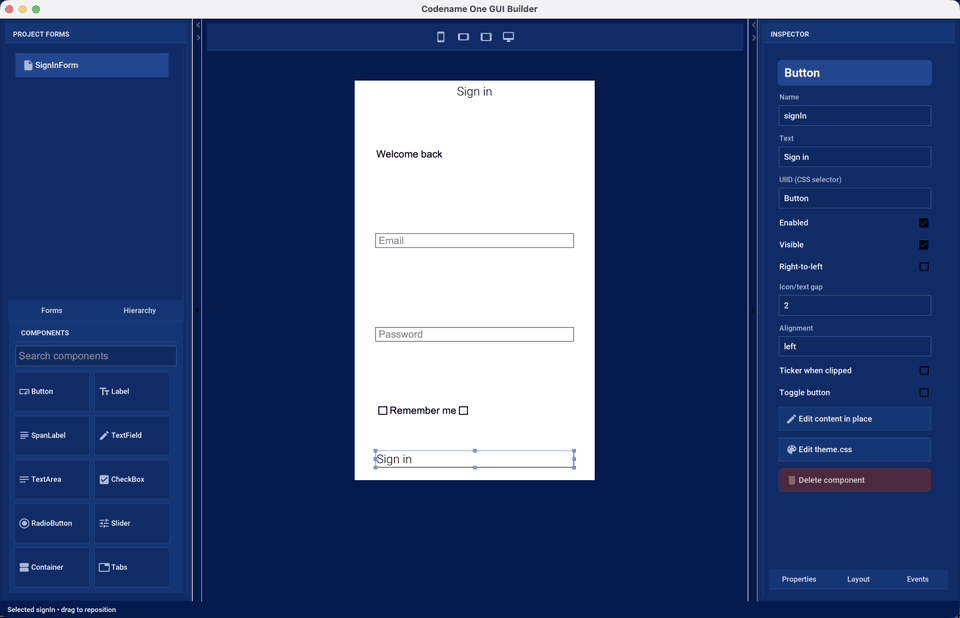 The third-generation GUI Builder with project forms, component palette, live canvas, and inspector