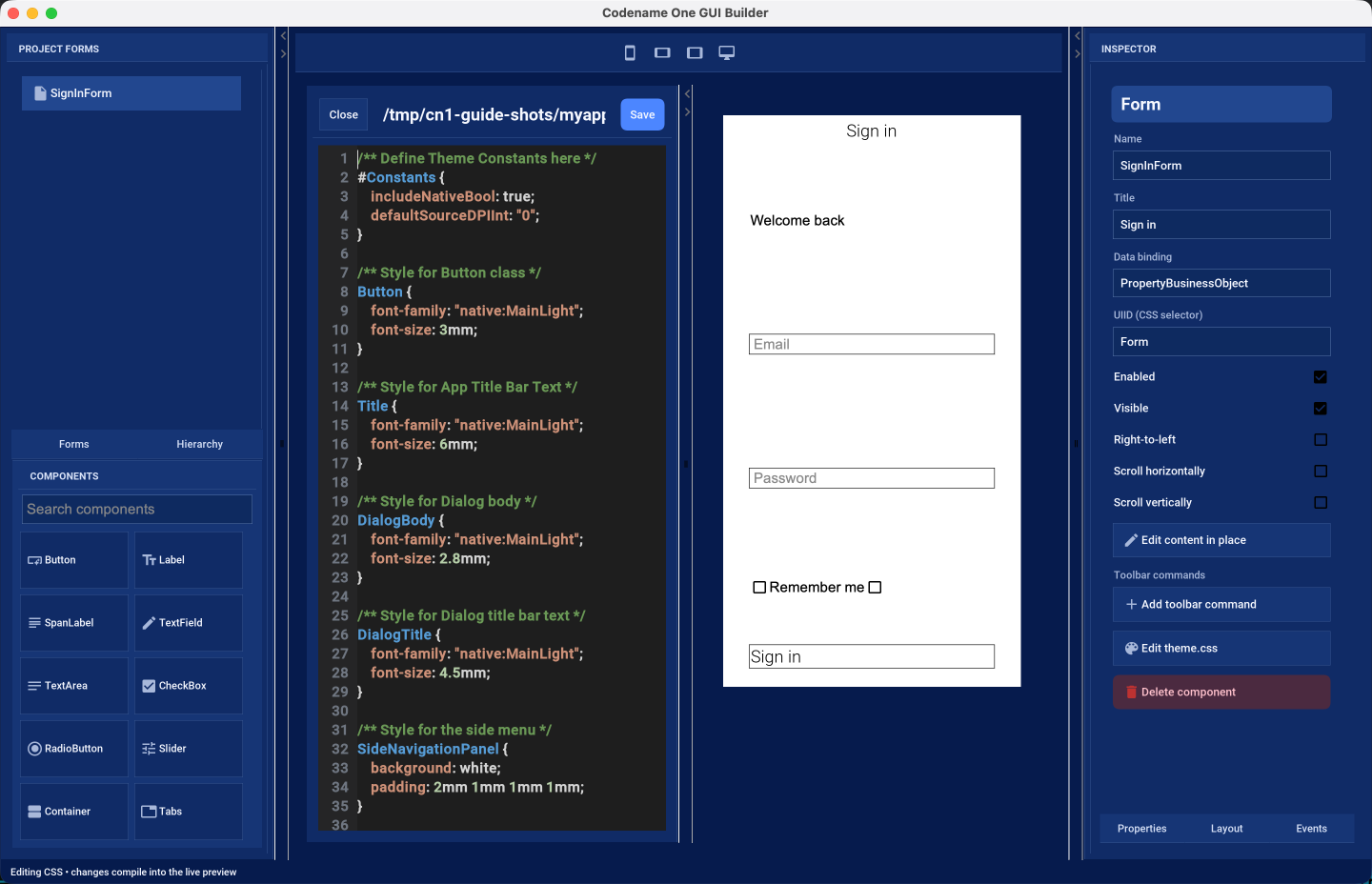 Editing theme.css inside the GUI builder